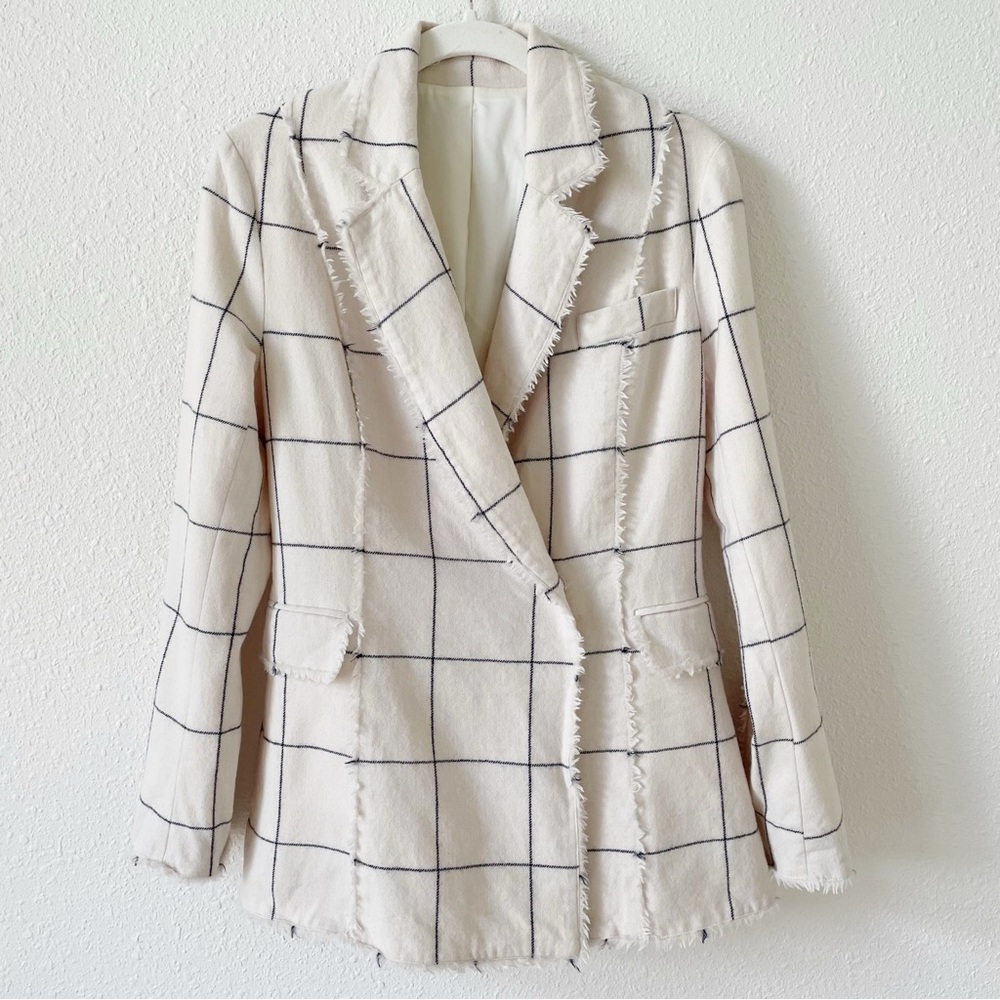 Wool Cashmere Windowpane Plaid Blazer Cream Black Size XS? Luxury Neutral - Picture 8 of 8